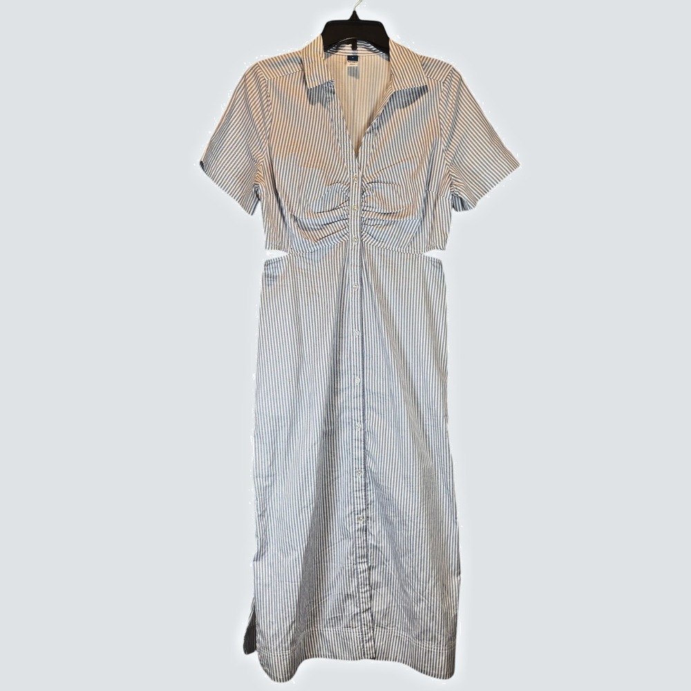 Old Navy 100% Cotton Shirred Midi Shirt Dress Womens M Blue White Stripe Cutout